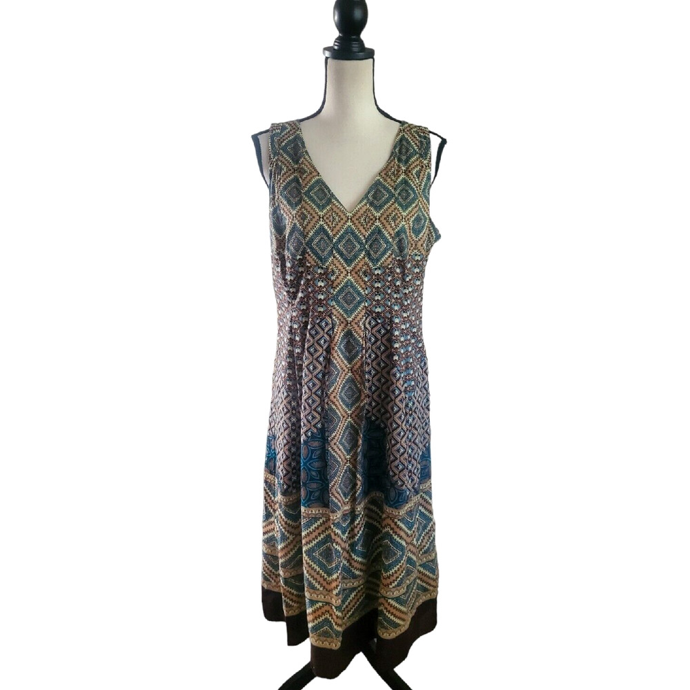 Charter Club Brown Geo Print Cotton V-Neck Pleated Sleeveless Midi Dress Sz 12